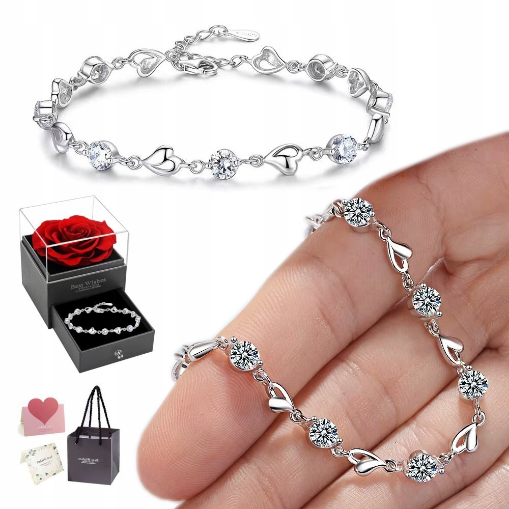 BRANSOLETKA Srebrna Damska DIAMENTOWANA Srebro 925 Włoska Serce CYRKONIA