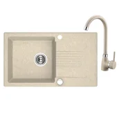 Zlewozmywaki - Laveo Celia granitowy 1-komorowy 76x44 cm z ociekaczem i baterią zlewozmywakową beżowy SJCG411T - miniaturka - grafika 1
