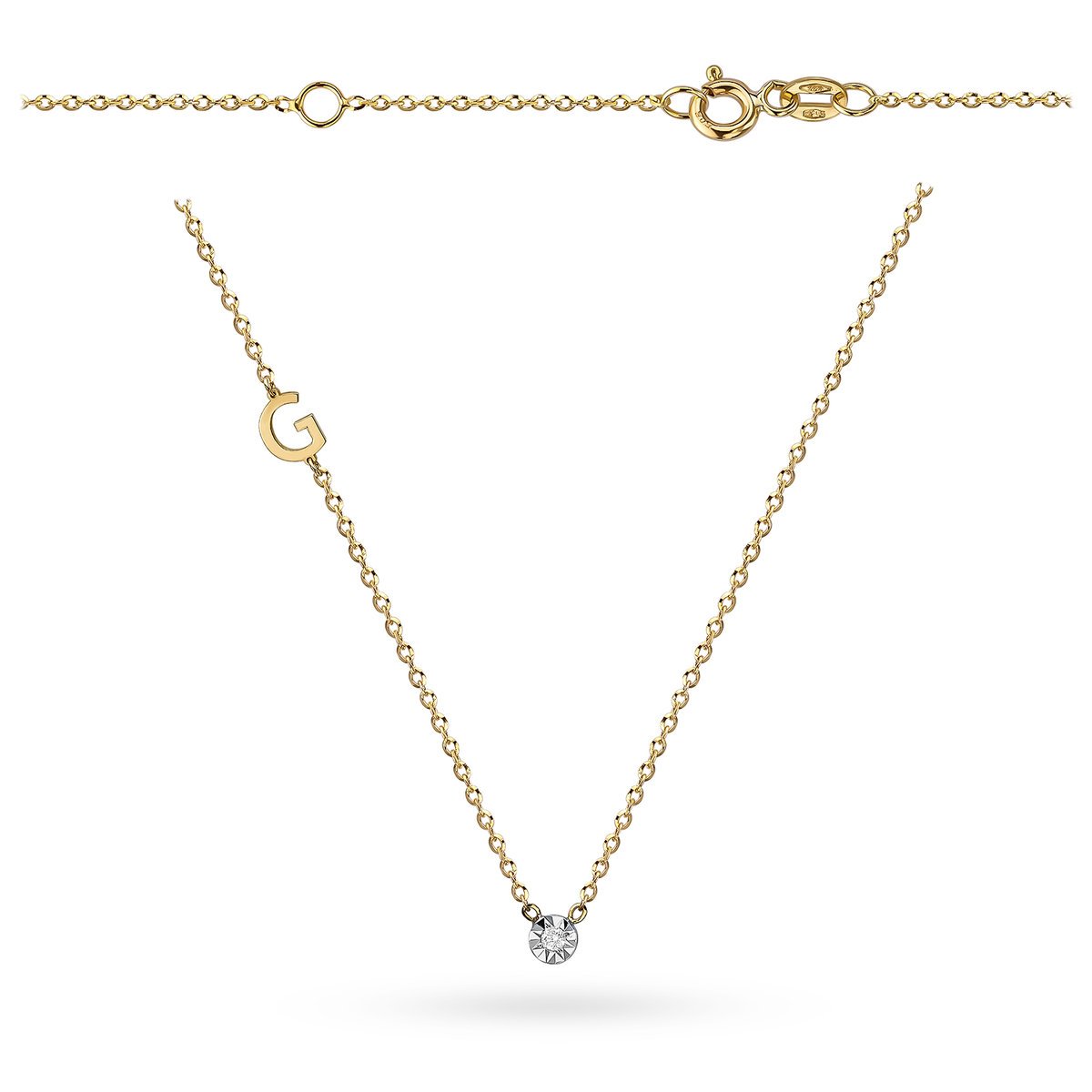 Naszyjnik z literką G i brylantem 0.02ct 38cm złoto pr. 585