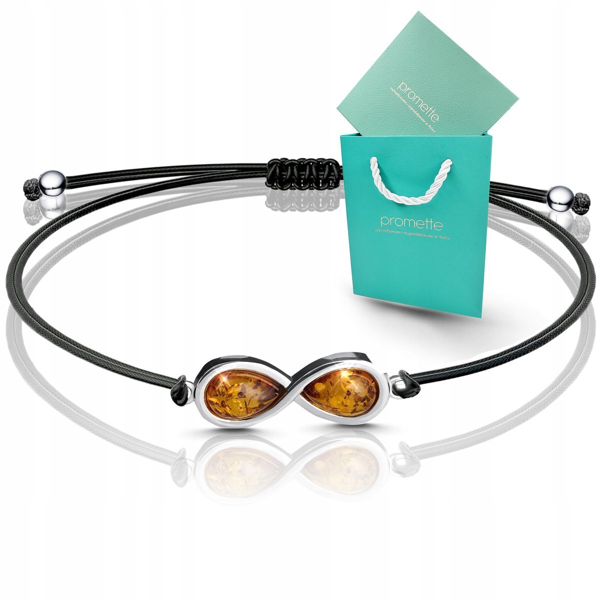 Bransoletka z bursztynem srebrna sznurkowa nieskończoność srebro 925