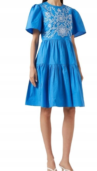 YAS NIEBIESKA BAWEŁNIANA SUKIENKA ROZKLOSZOWANA Z HAFTEM 44 KWA