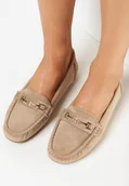 Mokasyny damskie - Ciemnobeżowe Mokasyny z Imitacji Zamszu z Metalową Ozdobą Gelalline - miniaturka - grafika 1