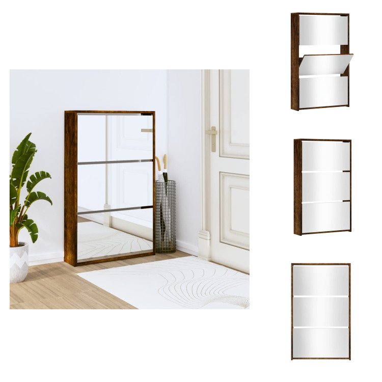 vidaXL Szafka na buty z lustrem 3 przegrody dąb wędzony 63x17x102,5 cm - Półki i szafki na buty