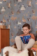 Tapety - Tapeta dla dzieci Leśne Zwierzęta Ciemnoniebieska - miniaturka - grafika 1