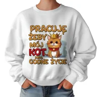 Bluzy damskie - Biała Bluza Damska Dresowa PRACUJĘ ŻEBY MÓJ KOT MIAŁ GODNE ŻYCIE Wzory - S - miniaturka - grafika 1
