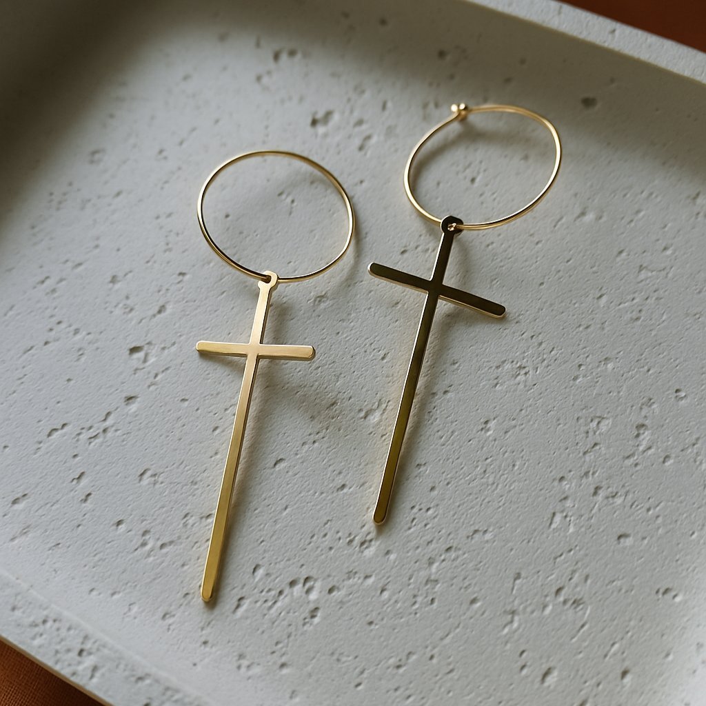 Kolczyki CrossLine - Złote Długie Krzyże na Kołach 7cm Stal Chirurgiczna Bigle