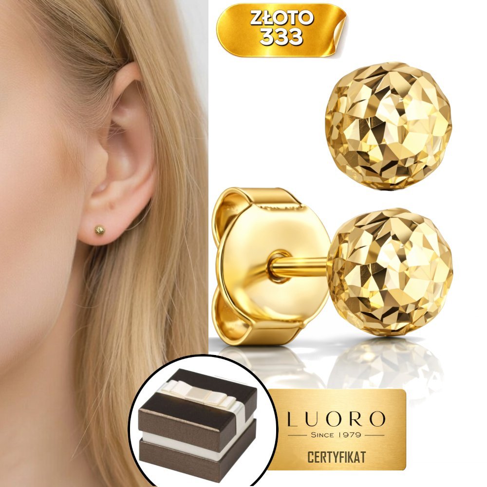 KOLCZYKI ZŁOTE 333 8K KULKI DIAMENTOWANE 4 MM SZTYFT ELEGANCKIE