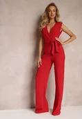Kombinezony - Czerwony Długi Kombinezon Wiązany w Pasie z Guzikami Na Ramionach Amile - miniaturka - grafika 1