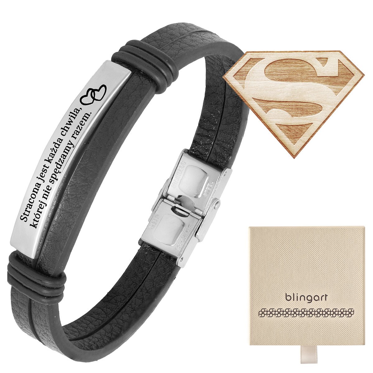Bransoletka z grawerem skórzana męska czarna