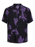 Koszule męskie - JACK & JONES Męska koszula Jorflow Resort AOP Ss Blk, czarny/fioletowy, M - miniaturka - grafika 1