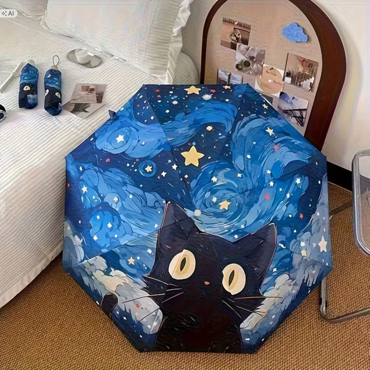 PARASOL kotek Gwieżdzista Noc KAWAII ANIME ART PARASOLKA KOT Automatyczny