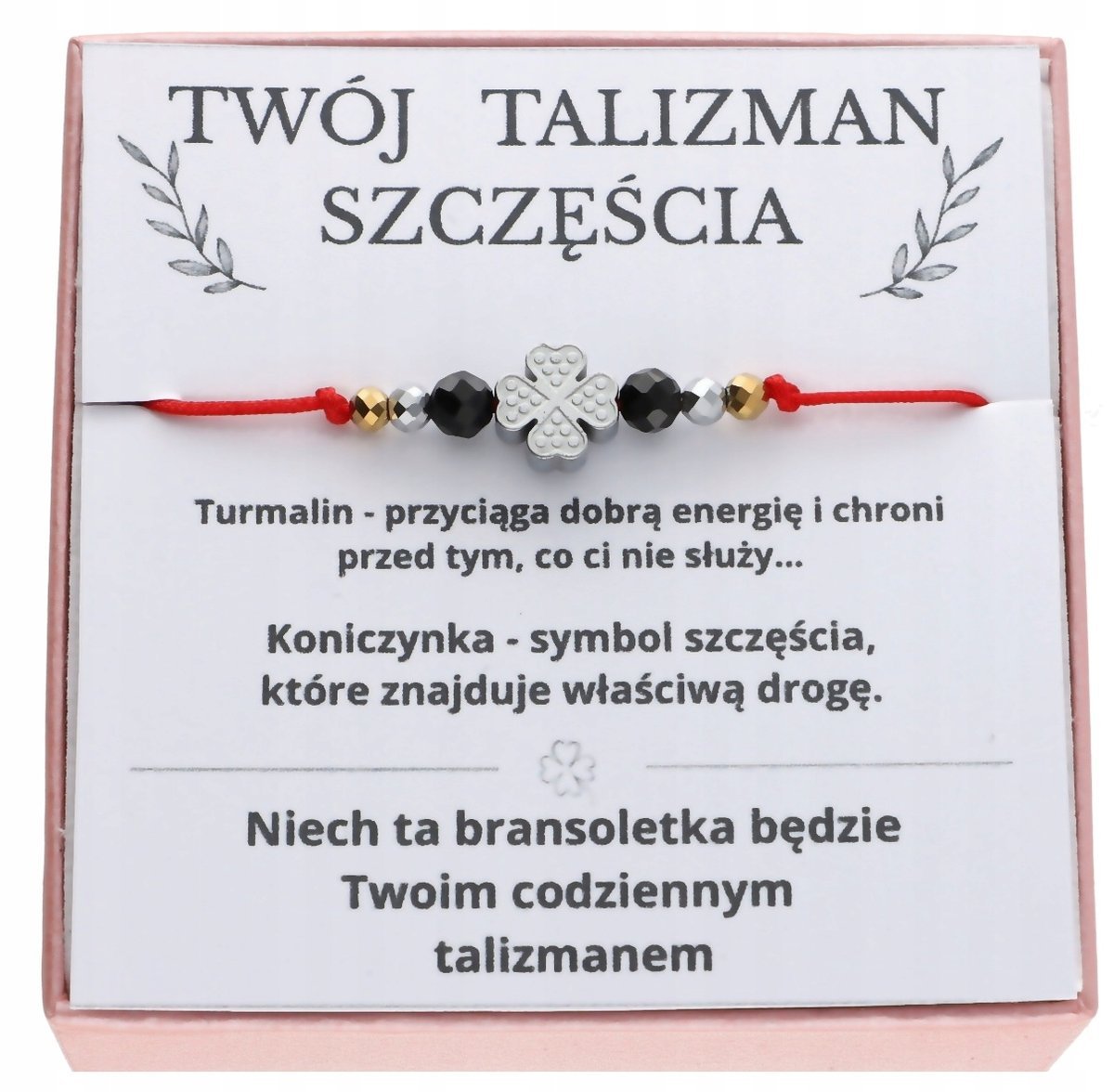 Bransoletka Srebrna Damska Na Szczęście Z Koniczynką i kamieniami turmalin