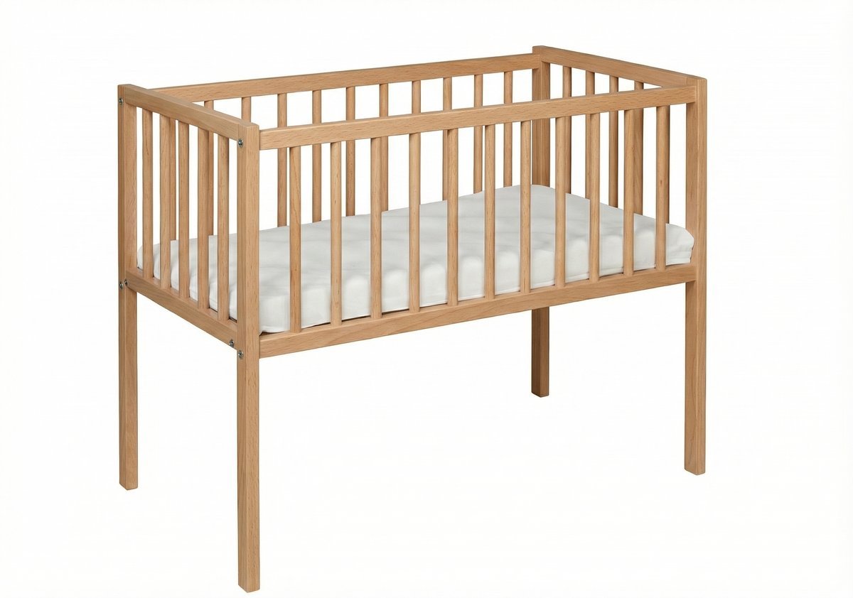 Łóżeczko Charlie naturalny80x40 BUKOWE dostawka materac opuszczany bok szelka