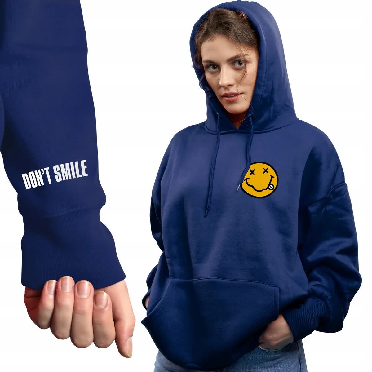 Modna Stylowa BLUZA Damska z KAPTUREM DON'T SMILE MiX Różnych Wzorów - L