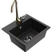 Zlewozmywaki z baterią - Mexen Milo zlewozmywak granitowy 1-komorowy z baterią kuchenną Telma, czarny/złoty - miniaturka - grafika 1