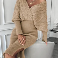 Sukienki - TEMU Sukienka z Krzyżującym się Dekoltem w Serek, Jednokolorowa ze Skręconą Różyczkami i Zbieraniem W Talii na Jesień/Zimę - miniaturka - grafika 1