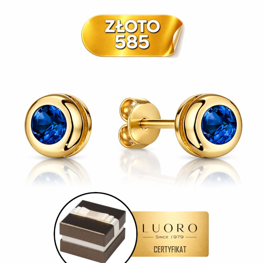 KOLCZYKI ZŁOTE 585 14K SZAFIR Z ŁAŃCUSZKIEM KÓŁKO 4,5 MM SZTYFT