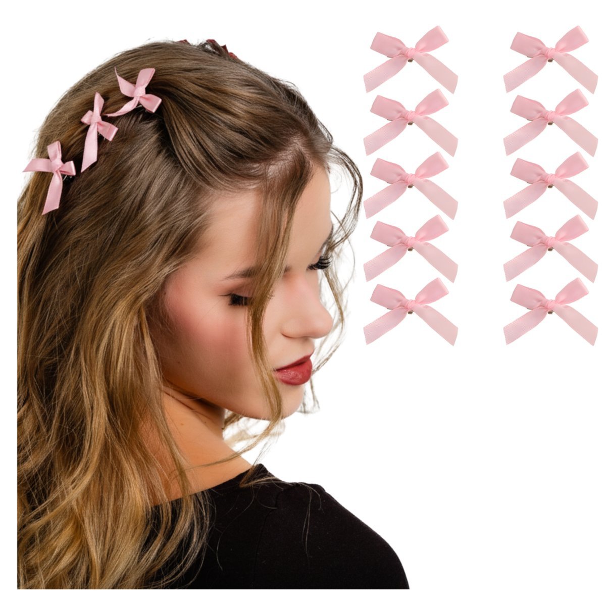 Spinka do Włosów 10 SZTUK Różowe Małe Kokardki Satynowe Wstążki Połysk