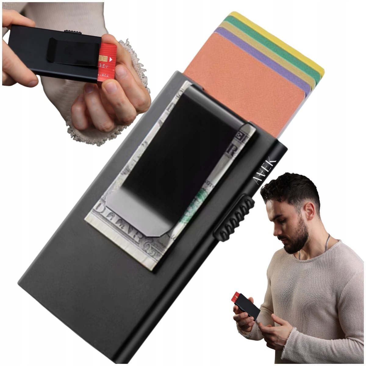 PORTFEL ETUI NA KARTY MĘSKI SLIM ELEGANCKI WALLET CZARNY OCHRONA RFID KART / AVEK