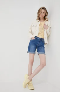 Pepe Jeans Pepe Jeans szorty jeansowe POPPY damskie kolor granatowy gładkie medium waist - Spodenki damskie - miniaturka - grafika 1