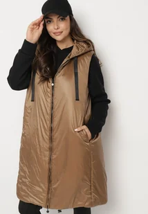 Ciemnobeżowa Kamizelka o Długim Prostym Kroju z Suwakiem Nikilaine - Kamizelki damskie - miniaturka - grafika 1