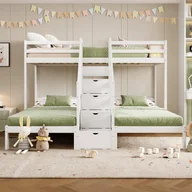 Łóżka dla dzieci i młodzieży - Łóżko piętrowe 3 x 90 x 200 cm z wezgłowiem i 4 szufladami - Drewno sosnowe i płyta MDF - Stelaż listwowy - Biały (bez materaca) - miniaturka - grafika 1