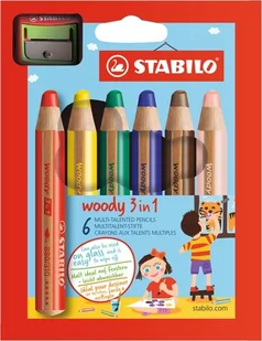 STABILO Stabilo woody 3 in 1 kredki, kredki świecowe i kredki akwarelowe w jednym, zestaw 6 sztuk z temperówką 8806-2 - Temperówki - miniaturka - grafika 2