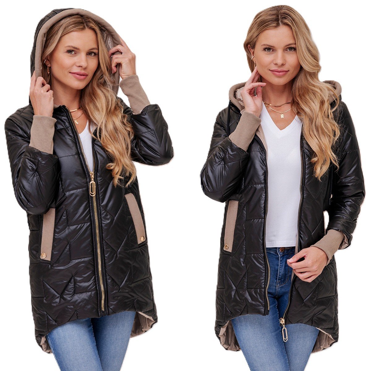 ASYMETRYCZNA JESIENNA PRZEJŚCIOWA KURTKA DAMSKA Z KAPTUREM LEKKA S