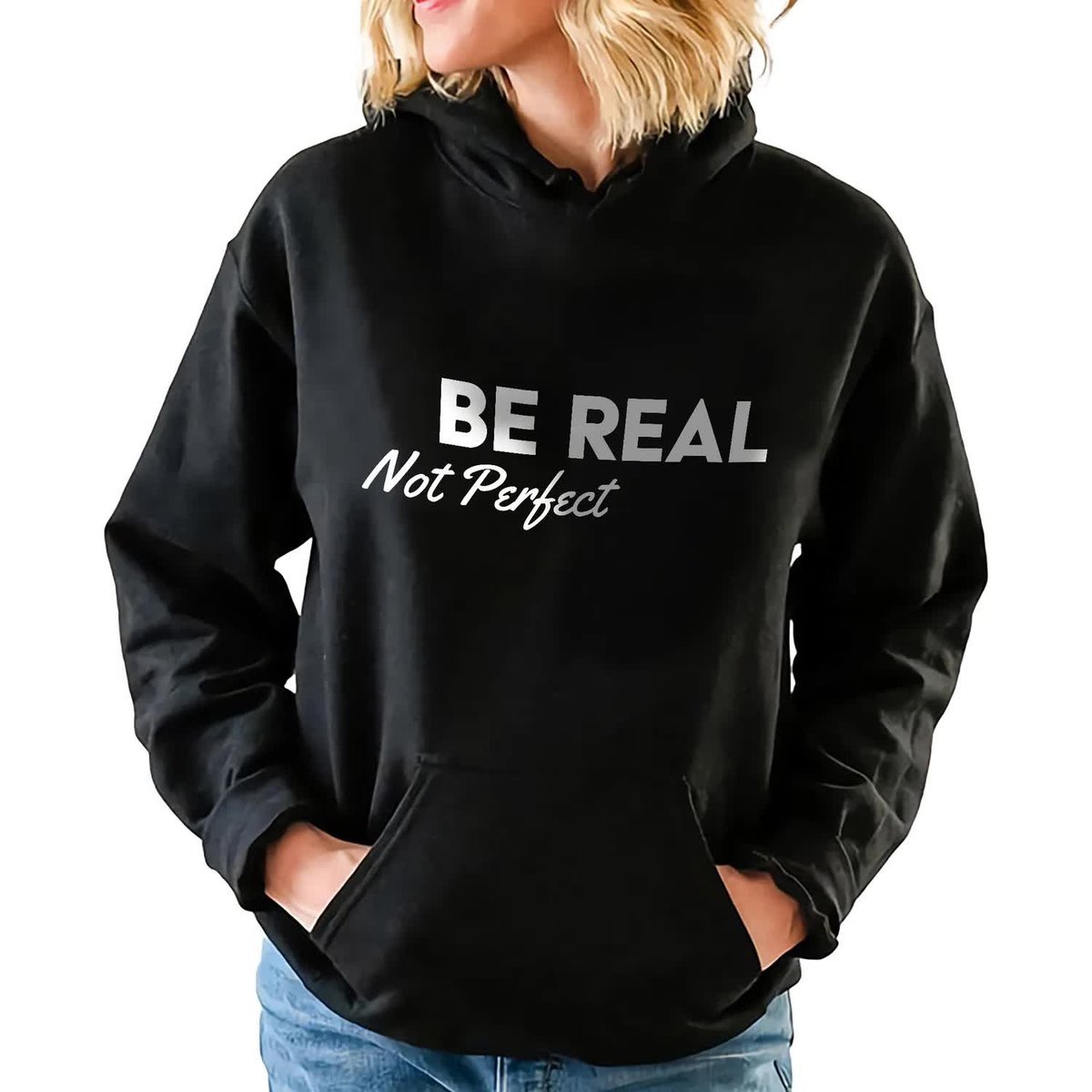 CZARNA BLUZA DAMSKA Z Kapturem BE REAL, NOT PERFECT LYRICS WZORY Rozm XXL