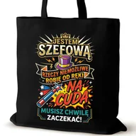 Torby i wózki na zakupy - Torba bawełniana dla szefowej czarna na ramię nadrukiem duża biura cuda - miniaturka - grafika 1