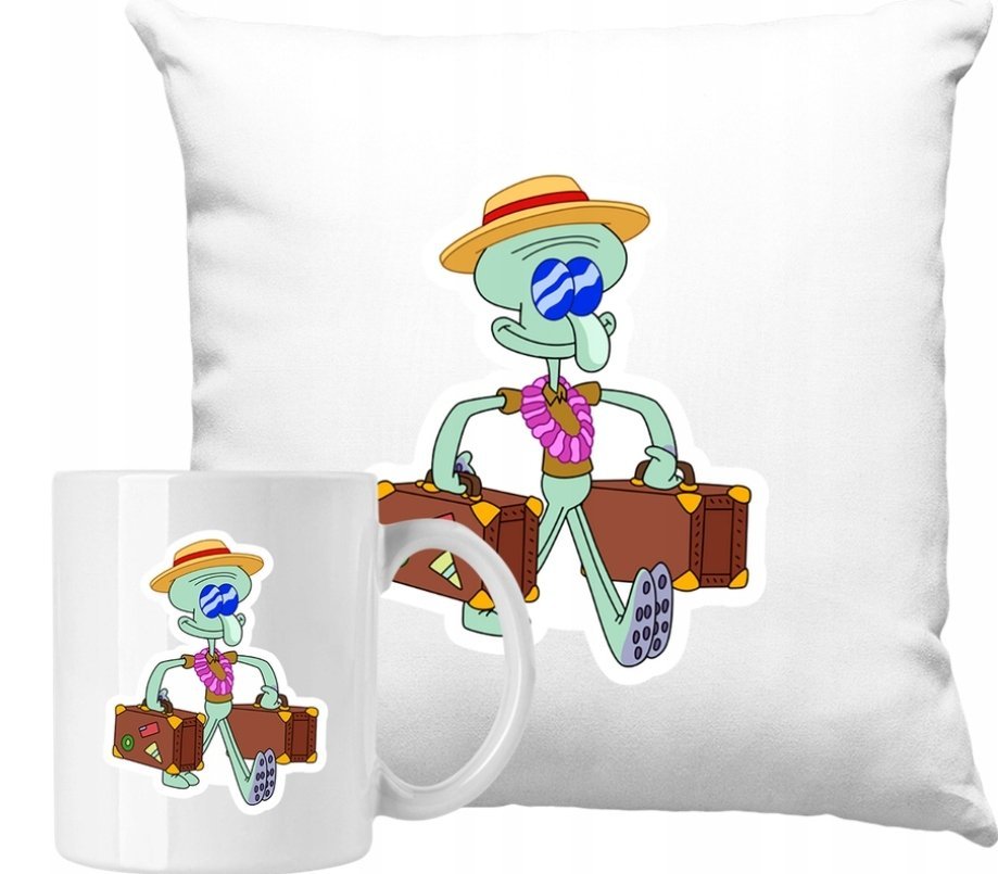 ZESTAW PODUSZKA + KUBEK Spongebob Skalmar Obłynos Wakacje +IMIĘ