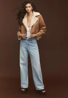 Kurtki damskie - Stradivarius Kurtka ramoneska dwustronna ze sztucznego zamszu Jasny wielbłądzi XS - miniaturka - grafika 1