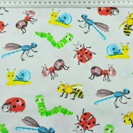 Pasmanteria - Tkanina bawełniana owady i ślimaki kolorowe na szarym tle - miniaturka - grafika 1