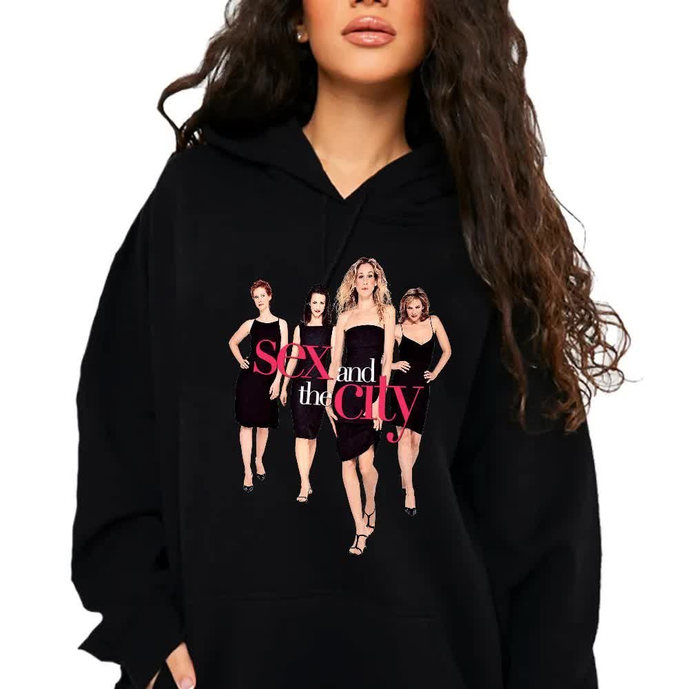 Bluza Czarna Damska z Kapturem SEX AND THE CITY GIRLS Dla Fanek Wzory - S
