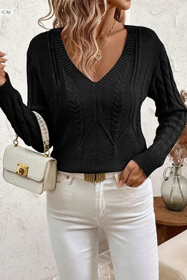 CZARNY PLECIONY SWETER DAMSKI Z DEKOLTEM W SEREK M 5IA