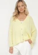 Swetry damskie - Żółty Kardigan z Dekoltem w Serek z Dzianiny z Wełną i Moherem Lismio - miniaturka - grafika 1