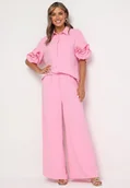 Komplety damskie - Różowy Komplet Koszula z Ozdobnymi Rękawami i Szerokie Spodnie Rivasene - miniaturka - grafika 1