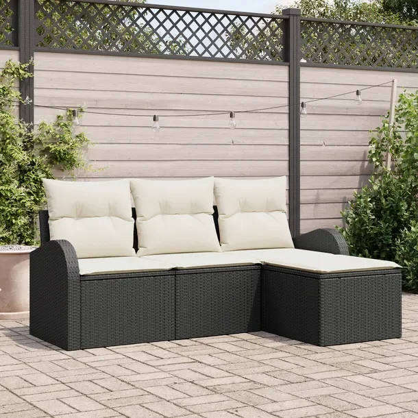 Modułowy zestaw sof ogrodowych, czarny polirattan, białe poduszki, 75 cm