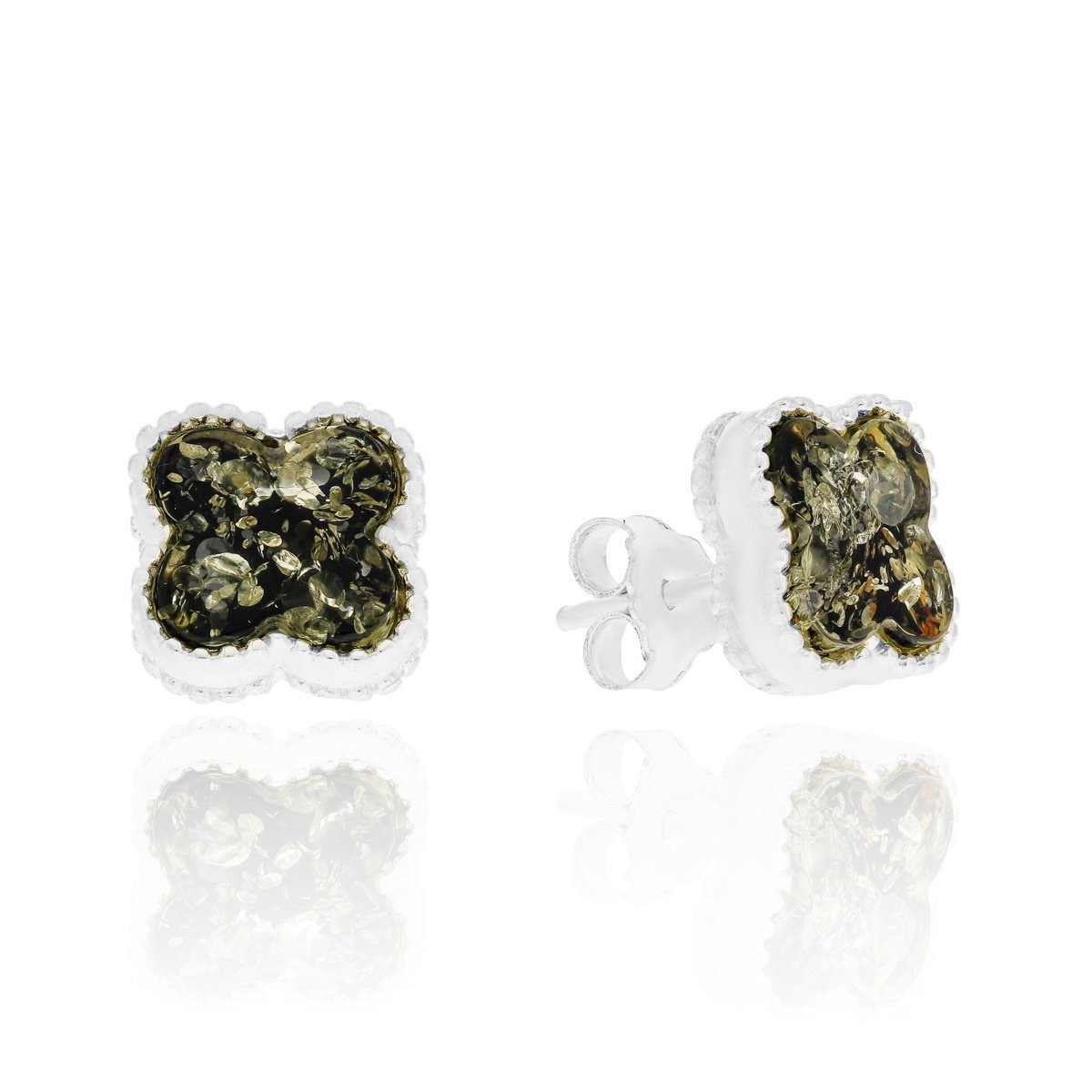 Srebrne kolczyki z bursztynem koniczynki, sztyfty pr. 925