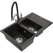 Zlewozmywaki z baterią - Mexen Gaspar zlewozmywak granitowy 1,5-komorowy z ociekaczem i baterią kuchenną Duo, czarny/złoty metalik - miniaturka - grafika 1