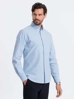 Koszule męskie - Koszula męska z tkaniny w stylu Oxford REGULAR - niebieska V2 OM-SHOS-0114 - grafika 1