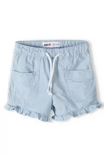 Spodnie i spodenki dla dziewczynek - Błękitne krótkie spodenki dla dziewczynki z falbanką - grafika 1