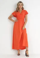 Sukienki - Pomarańczowa Kopertowa Sukienka z Wiskozy z Gumką w Pasie Neroni - miniaturka - grafika 1