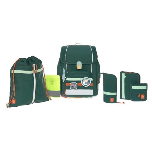 LÄSSIG 7-częściowy zestaw plecaków szkolnych dla dzieci/zestaw szkolny Boxy Unique Dark Green Ocean Edition, Zielona, nowoczesny