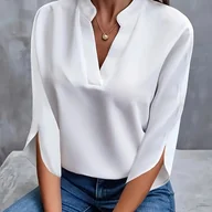 Bluzki damskie - TEMU Modna bluzka damska, jednokolorowa koszula z wycięciem pod szyją i 3/4 rękawami, casualowa na wiosnę i - miniaturka - grafika 1