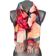 Apaszki i szaliki damskie - Szalik damski szal jesień zima KWIATY na prezent z frędzlami RC15-4 niebieski - miniaturka - grafika 1