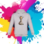 Bluzy dla dziewczynek - Bluza dziecięca typu kangurka z kapturem w kolorze jasnoszarym z nadrukiem żyrafa 10 lat - miniaturka - grafika 1