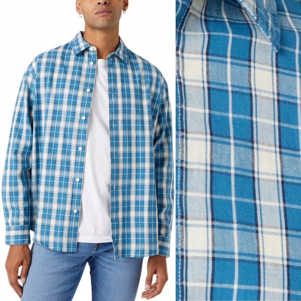 Wrangler NON POCKET SHIRT Deep Water LUŹNA BAWEŁNIANA KOSZULA W KRATĘ M