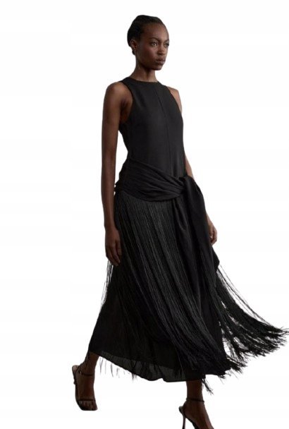 KAREN MILLEN PETITE CZARNA SUKIENKA MIDI Z FRĘDZLAMI 36 B1C