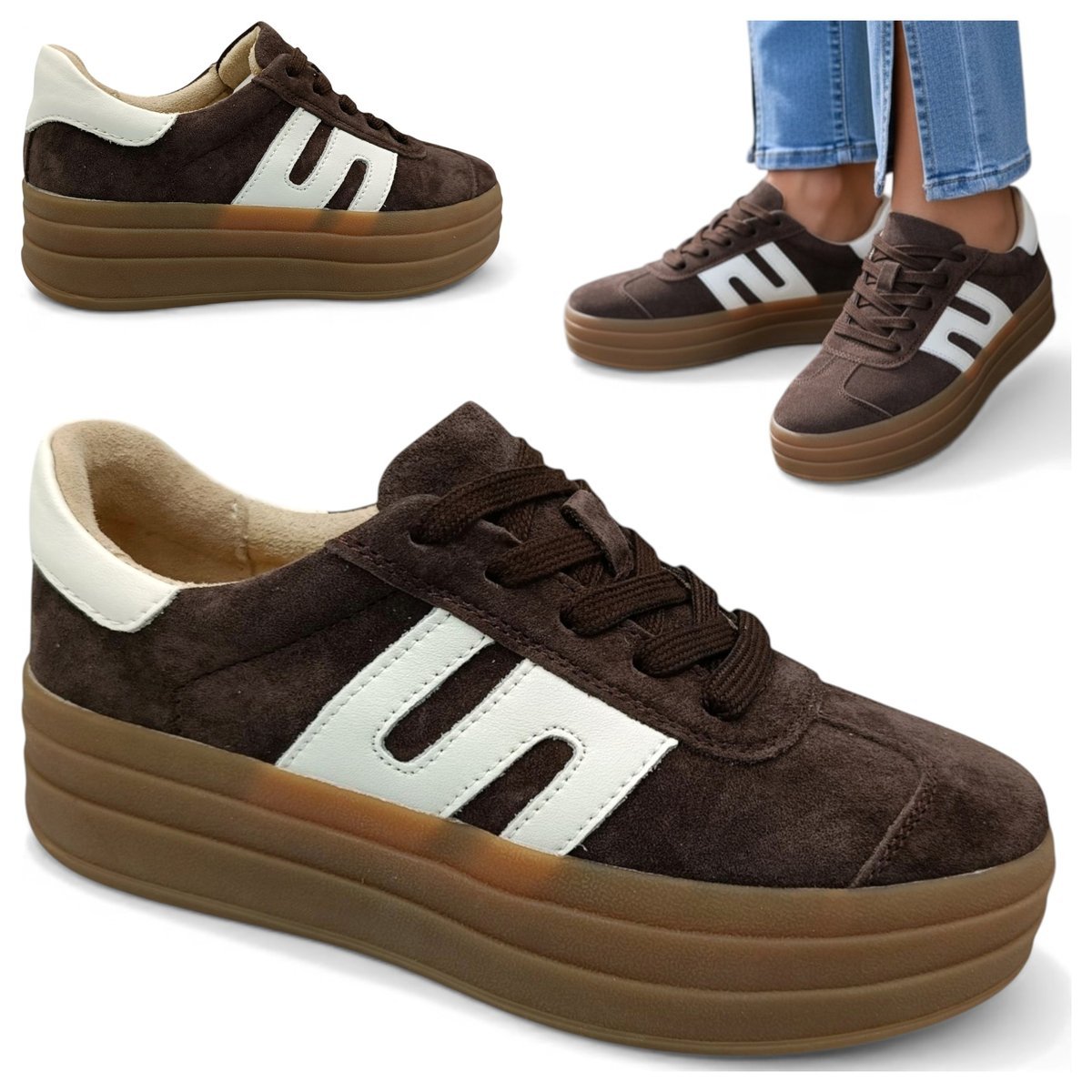 Sneakersy Damskie SKÓRZANE Wygodne Półbuty Brązowe na Platformie Vinceza 37